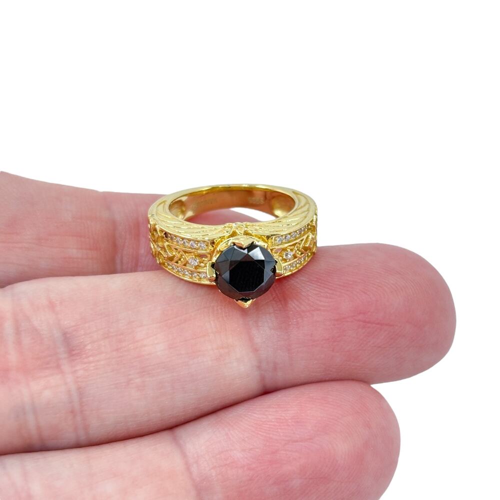 Vintage Gold-Tone Sterling Silver 925 Black Diamond Cubic Zirconia Ring | Size 5